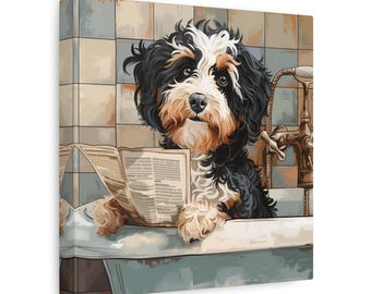 May include: A canvas print depicts a dog in a bathtub, reading a newspaper. The dog has black, white, and brown fur. The bathroom has a vintage aesthetic with a brass faucet and blue and beige tiles. The dog is the focal point of this artwork.