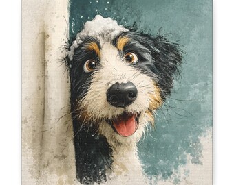 May include: A canvas print of a dog with a surprised expression, covered in soap suds. The dog has black, white, and brown fur, with its tongue sticking out. The background is a teal color.