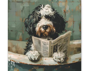 May include: A black and white dog with a brown nose sits in a bathtub and reads a newspaper. The newspaper headline reads "HALLOWEEN SALAAM". The dog is in a tiled bathroom with green and blue tiles.