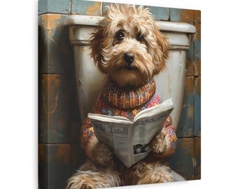 May include: A brown and white dog wearing a colorful sweater sits on a white toilet and reads a newspaper titled "Daily Tafedll".
