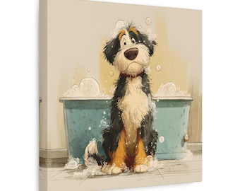 May include: A canvas print featuring a cartoon dog in a bathtub. The dog has black, white, and tan fur, a red collar, and is covered in bubbles. The background includes a light blue tub and a beige wall.