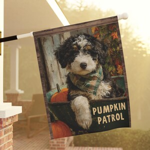 Fall Bernedoodle Welcome House Flag Cute Bernedoodle or Goldendoodle Autumn Scene, Outdoor Banner for Dog Lovers & Seasonal Yard Decor