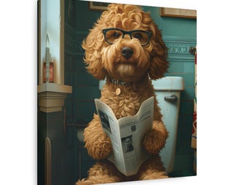 May include: A brown and white dog wearing glasses sits on a toilet and reads a newspaper. The dog is wearing a brown collar with a gold tag. The bathroom is decorated in green and white tiles.