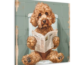 May include: A brown and white poodle dog sitting on a toilet, reading a newspaper with the headline "Daily News".