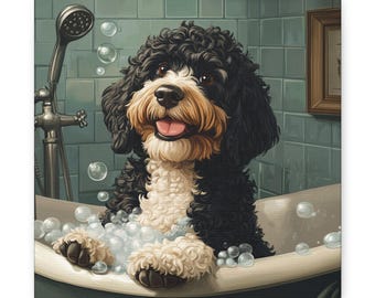 May include: A canvas print of a dog in a bathtub. The dog has black, white, and tan fur and is surrounded by bubbles. A shower head and faucet are visible in the background, along with a framed picture and teal tile.