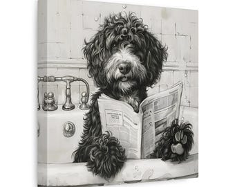 May include: A black and white illustration of a dog sitting in a bathtub reading a newspaper. The dog has a curly coat and is wearing a thoughtful expression.