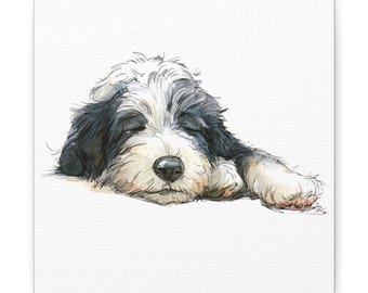 May include: Watercolor painting of a sleeping dog, featuring a black and white coat and closed eyes. The dog is lying down, with its paws extended. The artwork is on a white canvas, creating a serene and peaceful scene.