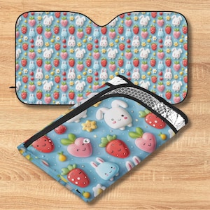 Kawaii Car Sun Shade Bold Fruit  Bunnies Windshield Cover Summer UV Protector Cute Auto Gift Auto UV Cover Travel Gift Car Decor Fruit