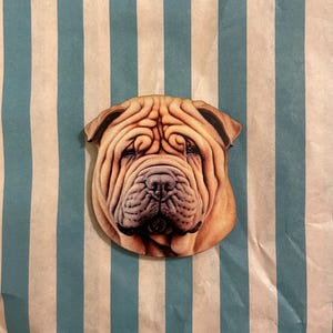 Könnte beinhalten: Aufkleber mit dem Gesicht eines Shar Pei-Hundes mit detaillierten Falten und einer bräunlichen Farbe. Der Aufkleber befindet sich auf einem blau-weiß gestreiften Hintergrund.