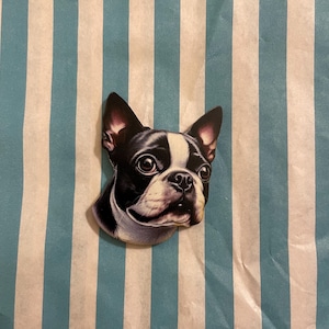 Könnte beinhalten: Ein schwarzer und weißer Boston Terrier Hunden Kopf Ausschnitt, gedruckt auf einer Holzoberfläche. Der Hund hat eine weiße Schnauze und eine schwarze Nase.
