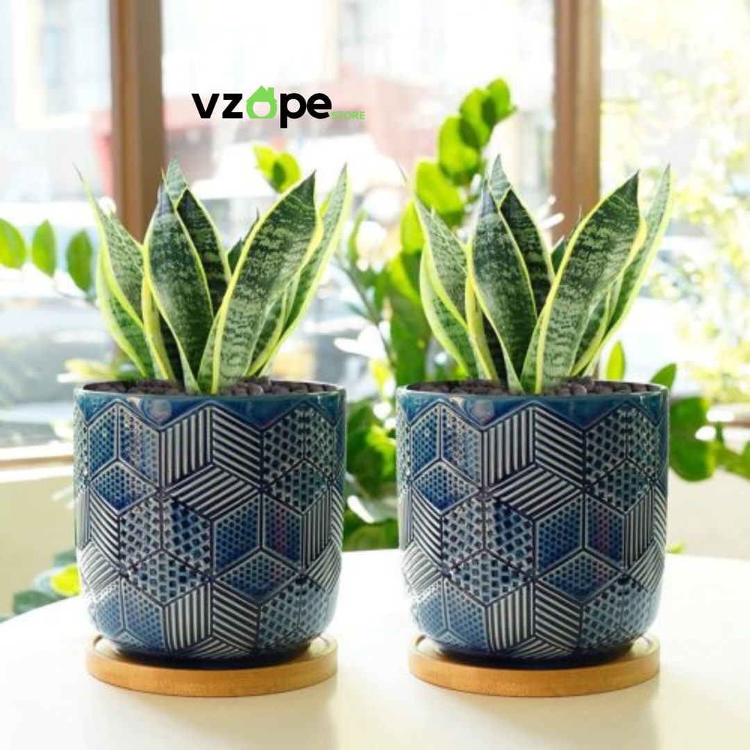 Ceramic Plant Pots Set of 2 Large Geometric Design Outdoor Etsy UK