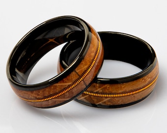 Custom Tungsten Meteorite Ring: Whiskey Barrel Wood Band, 8mm Wedding Ring