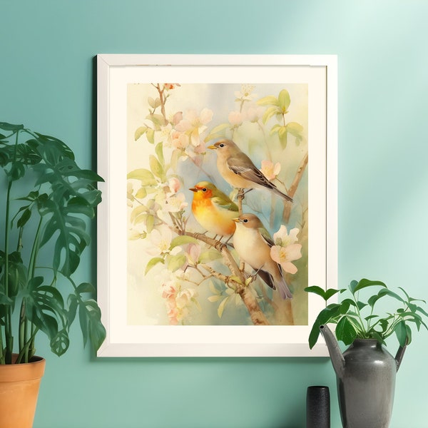 Edith Holden-Inspired Watercolor, Soft Romantic English Countryside, 3 Birds on Branch, Charming Country-Style Nature Art Print Wall Decor