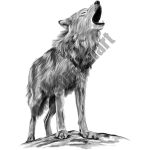 Howling Wolf Kohle Kunstdruck: Handgezeichnete Pinselzeichnung (Digitaler Download, 70 x 100 cm)