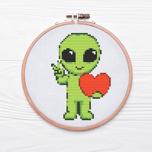 Cute Alien With Heart Cross Stitch Pattern (PDF) - Etsy