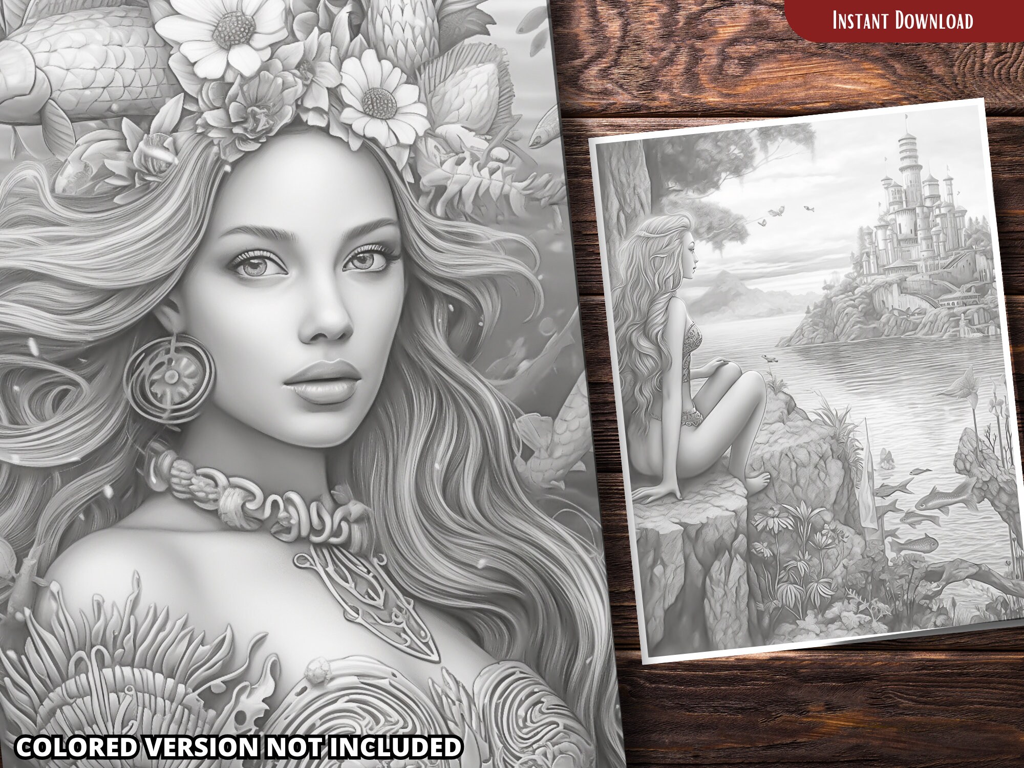 Mermaids Coloring Pages for Adults and for Kids Coloring Etsy