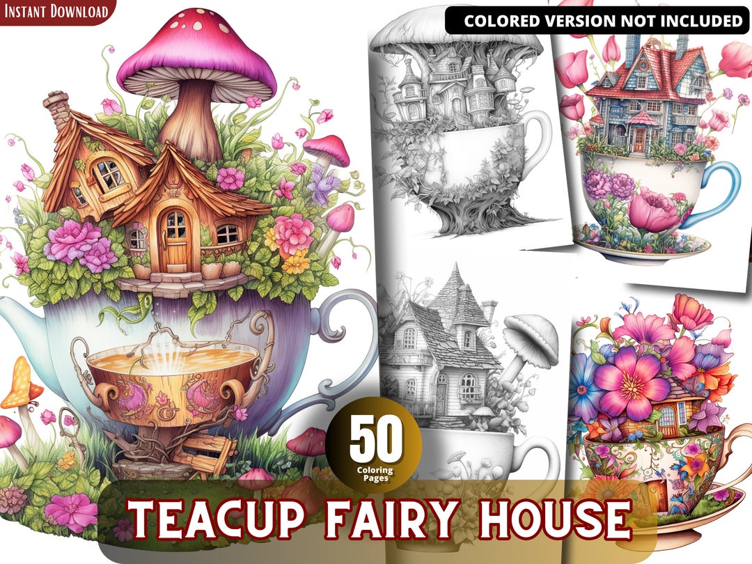 Teacup Fairy House Coloring Pages for Adults and for Kids Etsy