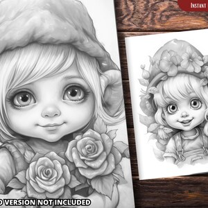 Flower Gnome Coloring Pages for Adults and for Kids Grayscale Coloring ...