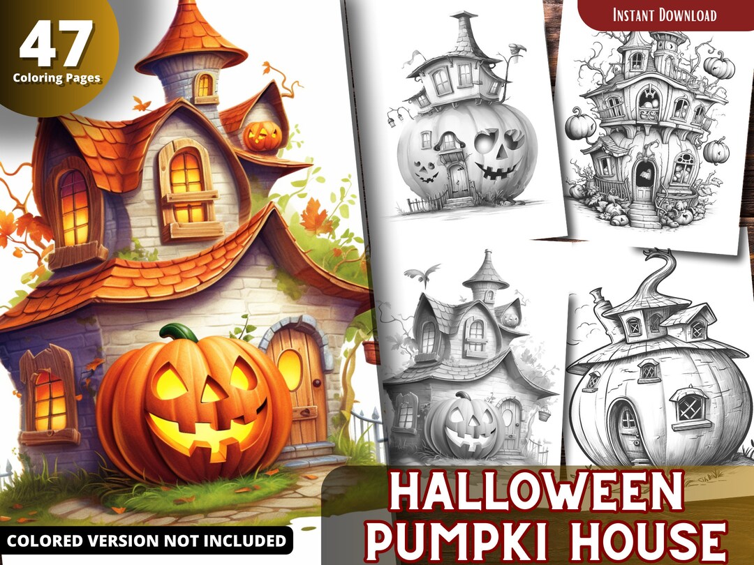 Halloween Pumpkin Tiny Houses Coloring Pages for Adults and - Etsy