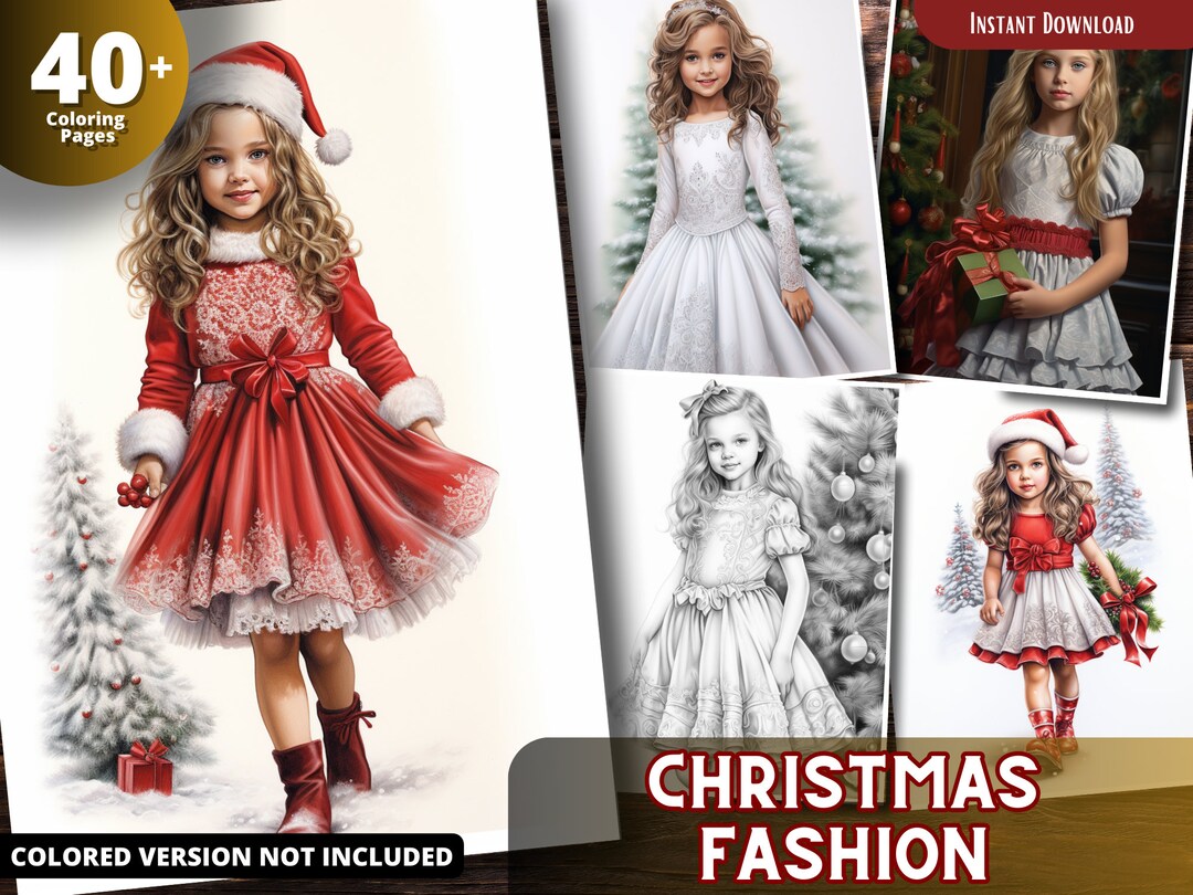 Christmas Fashion Coloring Pages for Adults and for Kids Grayscale ...