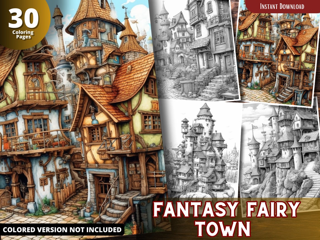 Fantasy Fairy Town Coloring Pages for Adults and for Kids for - Etsy