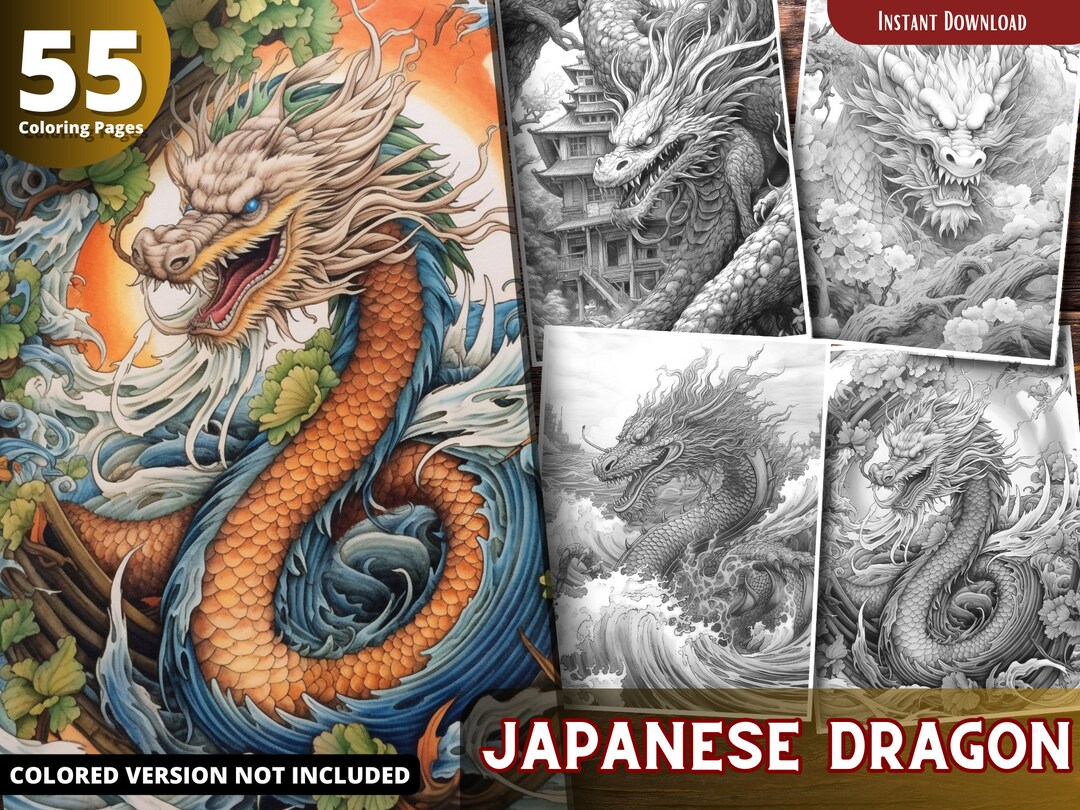Japanese Dragon Coloring Pages for Adults and for Kids Etsy