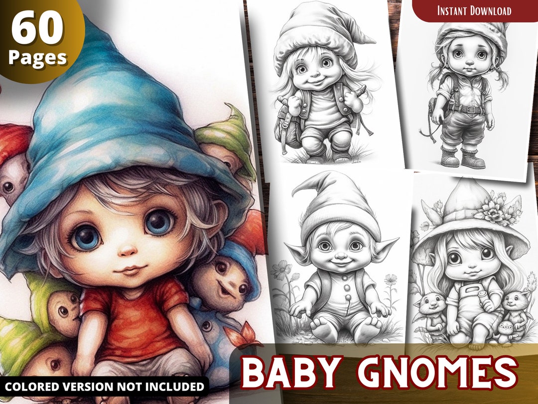 Baby Gnomes Coloring Pages for Adults and for Kids Grayscale Coloring Book, Printable PDF - Etsy