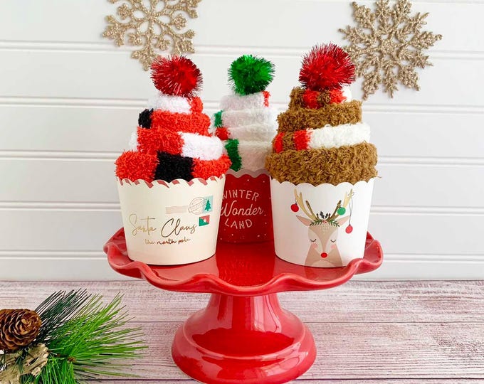 Fuzzy Christmas Socks Cupcake: Reindeer, Santa, Snowman - Stocking Stuffer