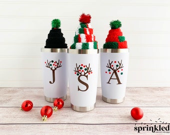Monogram Tumbler Gifts for Women, Personalized Tumbler with Fuzzy Christmas Holiday Sock Exchange, Staff Christmas Gifts,Gifts for Coworkers