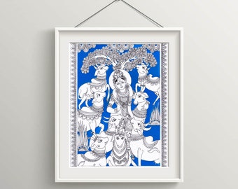 Arte de parede hindu do Senhor Krishna - Deus Hindu - Senhor Krishna - Pintura hindu - Arte mural - Download digital