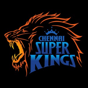 May include: A logo for the Chennai Super Kings cricket team. The logo features a roaring orange lion with a blue crown above its head. The text "Chennai Super Kings" is written in blue below the lion.