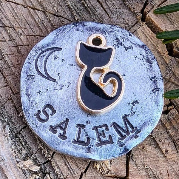 Salem Cat Tag, Salem Dog Tag, Black Cat, Halloween, Witchy Vibes, Pet Gift, Hand Stamped, Pet Swag, Pet ID Tag, Pet Bling, Dog Tag, Keychain