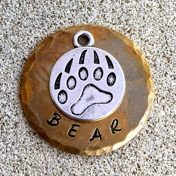 Bear Tag, Rustic Dog Tag, Paw Print Tag, Bronze Dog Tag, Pet Tag, Tags for Cats, Tags for Dog, Pet Gifts, Woodland Pet, Collar Tag, Keychain
