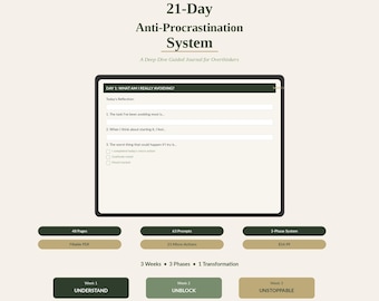 21-Day Anti-Procrastination Journal, Guided Prompts for Overthinkers (Fillable PDF)