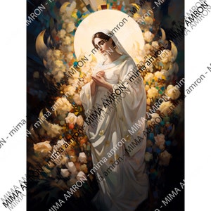 Mary in Moon Bloom - Art Digital Download - Catholic Inspiration - Virgin Mary - Full Moon