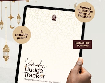 May include: A digital Ramadan Budget Tracker displayed on a tablet. The tracker features the text "Ramadan Budget Tracker" and "Plan your blessed month with intention and ease." Additional text includes "8 reusable pages!" and "Instant PDF Download."