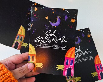 May include: Greeting cards with a black background and colorful illustrations. The cards feature the words "Eid Mubarak" in white script, along with a message in a smaller font. The illustrations include a crescent moon, stars, and stylized buildings.