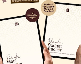 May include: A bundle of two digital planners for Ramadan, held by hands. The planners are titled "Ramadan Meal Planner" and "Ramadan Budget Tracker." The image includes text that says "Your Ramadan Budget + Meal Planner BUNDLE" and "Special Bundle Price."