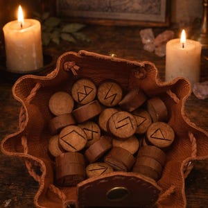 Handmade Viking Rune Set – Elder Futhark Divination Runes – Wood Burned Runes with Leather Bag