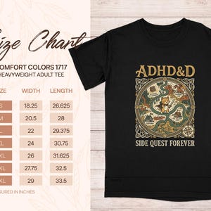 Comfort Colors heavyweight t-shirt size chart with ADHD&D graphic.