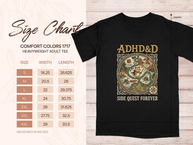 Comfort Colors heavyweight t-shirt size chart with ADHD&D graphic.