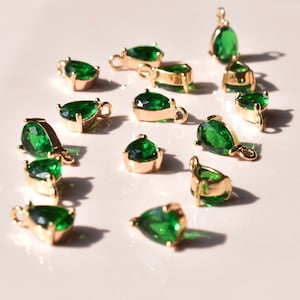 Emerald Green Zircon Teardrop Pendant Charm - Earring Findings UK - CZ Micro Pave Crystal Pendant Connector - Gold Plated Brass Pendant