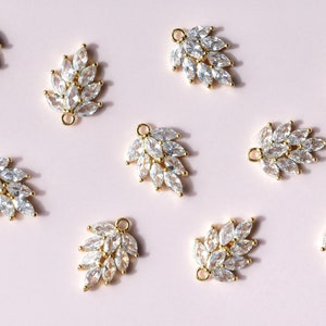 Cubic Zirconia Pendants - Leaf Shape Micro Pavé & 18k Gold Plated Brass Charms - Glamorous Jewellery Findings UK