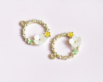 Flower Hoop Pendants - Jewellery Findings UK - Light Gold Alloy with Rhinestones, Enamel Flowers and Pearlescent Flower Charms