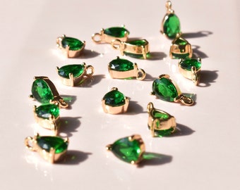 Emerald Green Zircon Teardrop Pendant Charm - Earring Findings UK - CZ Micro Pave Crystal Pendant Connector - Gold Plated Brass Pendant