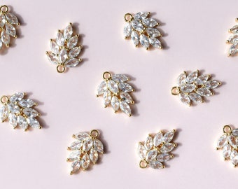 Cubic Zirconia Pendants - Leaf Shape Micro Pavé & 18k Gold Plated Brass Charms - Glamorous Jewellery Findings UK