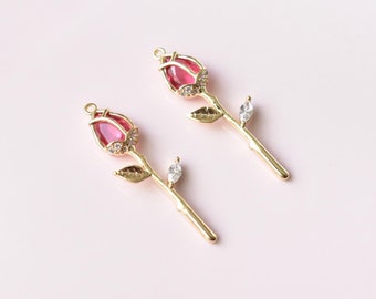 Rose Pendant - Micro Pavé Cubic Zirconia & 18k Gold Plated Brass Cerise Rose Charms - Jewellery Findings UK