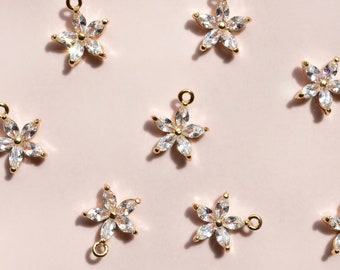 Small Flower Charms - Dainty Cubic Zirconia & 18k Gold Plated Brass Pendants - Dainty Jewellery Findings UK