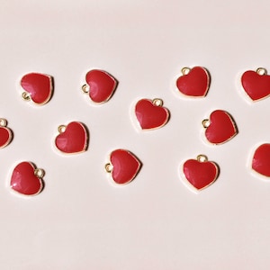 Love Heart Enamel Charms - Heart-Shaped Red Enamel & Gold Alloy Pendant Findings - Craft Supplies for Jewellery Making UK