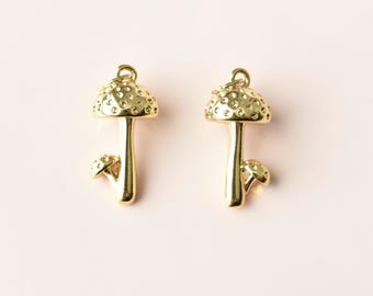 Mushroom Charms - 18k Gold Plated Brass Pendants for Jewellery Making- Autumnal Toadstool Pendants
